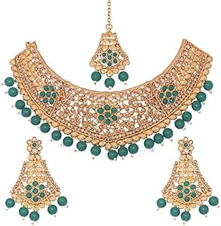 Indian Traditional 18K Gold Plated Bridal Jewelry Set with Lobster Clasp + Cubic Zirconia - Elegant Wedding Combo with Necklace, Earrings, and Tikka (SJ_2922_M)