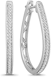 Hinged Post Sterling Silver Diamond Oval Hoop Earrings for Women, Classic Design