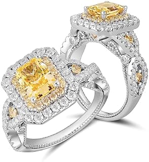 DovEggs 14K Gold Quality Silver 5ct Yellow Moissanite Engagement Ring for Women, Radiant Cut CZ Simulated Diamond, Double Halo Split Shank Design, Size 8