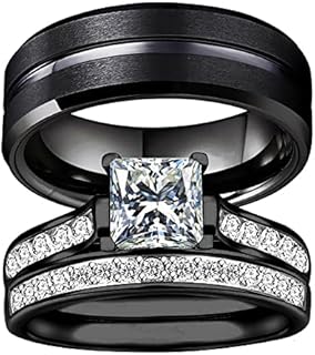 Couple Rings Set 2in1 Black Bridal Ring Matte Black Groove Ring His and Hers Wedding Ring Sets for Lover Anniversary Engagement Promise Rings Bridal Sets
