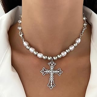 Punk-Style Pearl Rhinestone Beaded Cross Necklace with Ball Chain - Edgy Gothic Pave Crucifix Pendant Design for Women and Girls