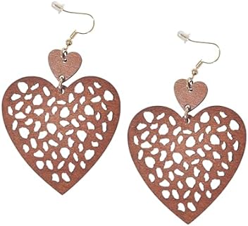 Bohemian Wood Drop Earrings for Women Retro Big Heart Geometric Dangle Earrings Hollow Out Lightweight Boho Vintage Jewelry Gift for Girls Casual Holiday Birthday