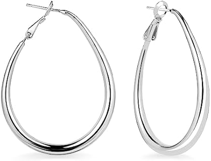 2pcs Oval Hoop Earrings for Women, S925 Sterling Silver Teardrop Shaped Oval Hoop Earrings Big Simple Hook Earrings for Teens, Lightweight & Easy to Wear (Silver)