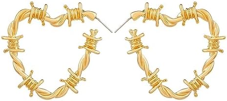 Chic Punk Gothic Black Gold Plated Barbed Wire Heart Hoop Earrings with Push Back Design for Women and Girls