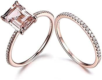 2.50 Ct Emerald Cut Created Morganite & White Diamond Halo Engagement Ring Wedding Band Bridal Set 14k Rose Gold Plated 925 Sterling Silver