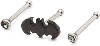 Official DC Comics Batman Logo Nose Ring with Clear CZ, Surgical Stainless Steel Body Jewelry for Unisex, Stylish Bat-Design, Ideal for Fans - 3 Piece Set