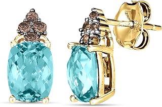 14k Yellow Gold Stud Earrings for Women by LE VIAN with 1/10 Carat Chocolate Diamond and 1 2/5 Carat Cushion Cut Aquamarine - Sophisticated Classic 4-Prong Design with Easy-to-Wear Push Back