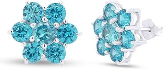 BIRGHT INFO JEWELS Flower Stud Earrings 1ct Round Cut Created Blue Topaz 14K White Gold Plated 925 Sterling Silver