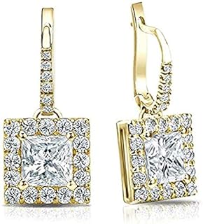 Women's Girls Dangle Clip-On Halo Earrings 2.00 Ct Princess-Cut VVS1 Diamond 925 Sterling Silver