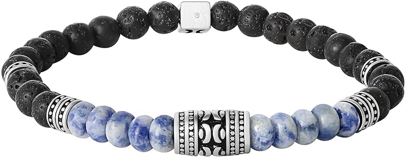 Hurley Mens Black Lava and Blue Sodalite Elastic Beaded Bracelet Official License - Oxidized Brass Beaded Bracelet for Men