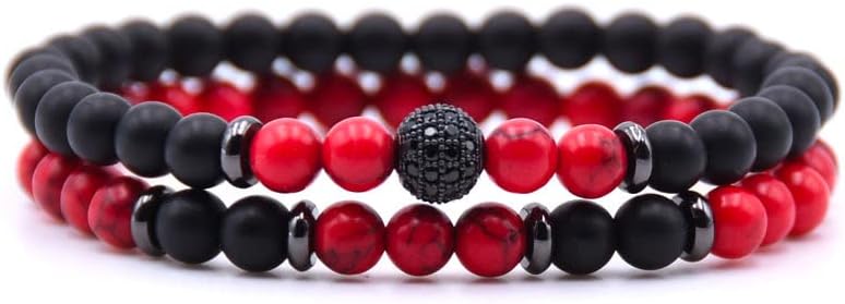 Handmade Natural Stone Red Howlite & Matte Black Onyx Beaded 2 pc Bracelet Men's Women's
