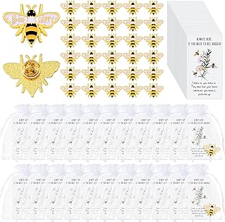Fumete 50 Sets Bee Pins Bulk Inspirational Gifts for Coworker Bee Brooches Party Favors Drop Lapel Pins with Hugged Cards Organza Gift Bags for Staff Teams Party Supplies