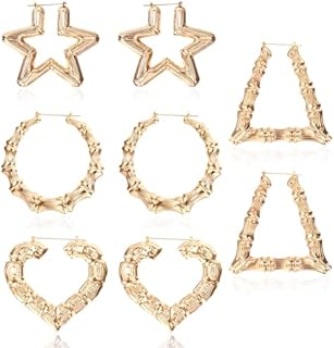 14K Gold-Plated Custom Bamboo Hoop Earrings by JeryWe - Set of 4 Stylish Heart-Shaped Designs in Vintage 90s Y2K, Hip Hop Aesthetic, Oversized Door Knocker Style, with Secure Hinged Hoop Back Finding