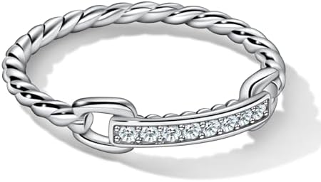 Twist Link Moissanite Stackable Rings - White Gold Plated Sterling Silver Chain Ring - Lab Created Eternity Diamond Ring for Women - Unique Design - Size 4-11