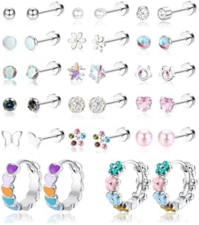 YADOCA 17 Pairs Hypoallergenic Screw Back Earrings for Women Girls Surgical Steel Heart CZ Flower Butterfly Screwback Stud Earring Cute Huggie Hoop Earring Set 20G