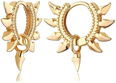 MEVECCO 18K Gold Plated Huggie Hoop Earrings with Mini Dagger Spike Design for Women, Snap Back Clasp, Brass, Cubic Zirconia Accent