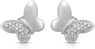 Jewelili Sterling Silver Natural White Round Diamonds Butterfly Stud Earrings