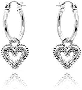 925 Sterling Silver Heart Hoop Earrings with Heart Charm, Hypoallergenic Hoop Earrings for Girls and Women, Dainty Earrings, Trendy Jewelry by Paz Creations, Gold/Rose Gold/Silver Charm