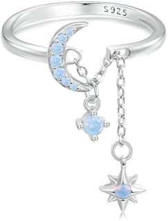 Blue Opal Crescent Moon Star Statement Band Rings for Women Girls Sterling Silver 925 Unique Adjustable Tassel Chain Dangling Charm Wedding Engagement Ring Elegant Eternity Promise Cute Jewelry Gifts