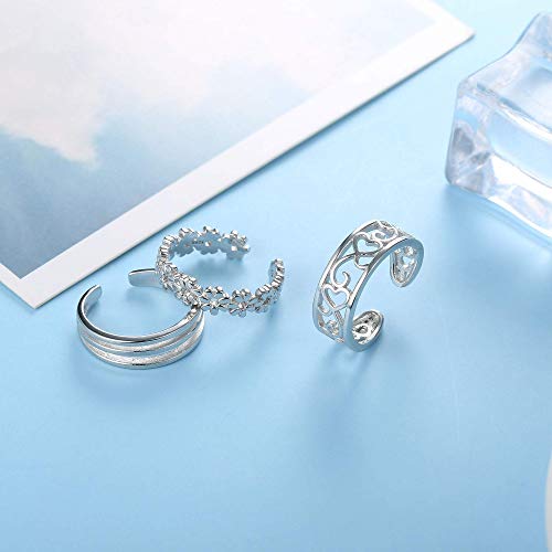 3Pcs Adjustable Sterling Silver Toe Rings with Agate Gem for Women, 18K White Gold Plated, Daisy Cubic Zirconia Design, Ideal Summer Beach Foot Jewelry