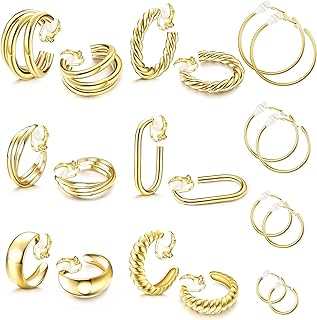 SAILIMUE 14K Gold Plated 10-Pair Hoop Earrings Set with Cubic Zirconia Gems, Clip-On Alloy Back Finding for Women, No Piercing Needed