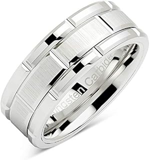 100S JEWELRY Tungsten Rings For Men Wedding Band White Gold Brick Pattern Rhodium Plated Size 6-16