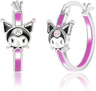 Hello Kitty Sanrio Kuromi Womens Hoop Earrings - Silver Plated Kuromi Earrings Officially Licensed