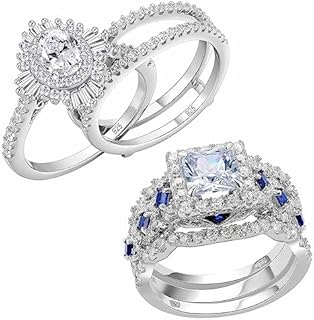Civil War-Inspired Newshe Engagement and Wedding Ring Set for Women with Sterling Silver and Cubic Zirconia in Princess-And-Oval-Cut Design