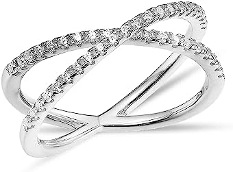 LeCalla 925 Sterling Silver Criss Cross Engagement Ring with Cubic Zirconia for Women, X Design, Size 6