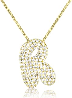 KissYan Bubble Letter Necklace, 14K Gold Plated Balloon Initial Pendant Box Chain Necklace Dainty Pave CZ Jewelry Gift for Women Girls