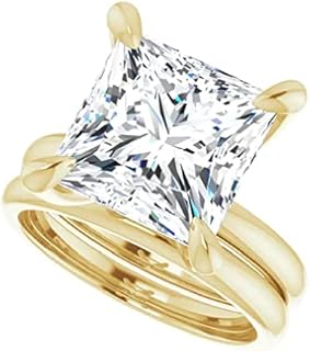 Handmade Solid Yellow Gold Engagement Ring Set, 5 Carats Princess Cut Moissanite Diamond Wedding Solitaire Bridal Set for Women/Her, Anniversary/Propose Gifts Ring, 10K/14K/18K, Yellow,White,Silver