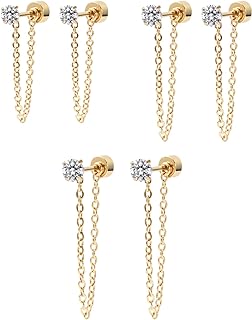 Zdeslav Girls' 3-Pair Stud Earrings Set, 14K Gold Plated, Stainless Steel Threader Design, Screw Back with Cubic Zirconia Gems, Various Sizes (4mm, 5mm, 6mm Gold)