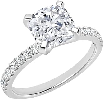 Cushion & Round Lab Grown White Diamond or Cubic Zirconia Solitaire Cushion Cut Engagement Ring for Women in 925 Sterling Silver