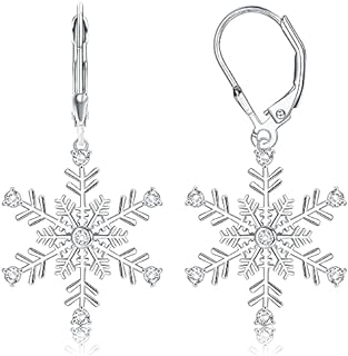 Adramata 925 Sterling Silver Snowflake Earrings for Women Winter Party Drop Earrings 18K White Gold Plated Leverback Earrings Silver Dangle Earrings Jewelry for Christmas