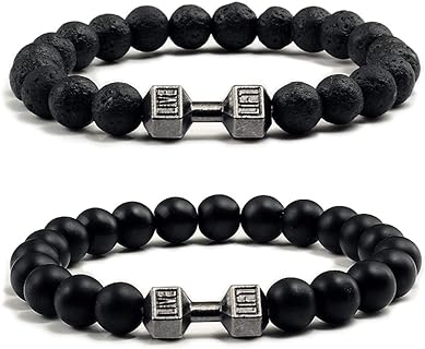 NORLSO Black Dumbbell Bracelet for Men Gym Bros Bracelet Volcanic Lava Stone Adjustable Natural Stone Beads Bracelet Fitness Barbell Jewelry for Men