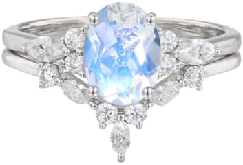 Natural Moonstone Wedding Ring Set 925 Sterling Silver 10K 14K 18K Gold Oval Cut Moonstone and Moissanite Engagement Ring Set Bridal Ring Sets for Women Free Engraving