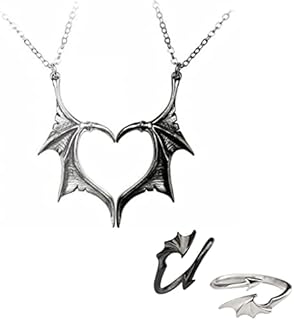 Unisex Devil Angel Wing Adjustable Ring and Heart Pendant Necklace Set in Durable Alloy with Lobster Clasp