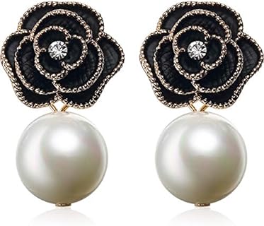 Fashion Designer Imitation Pearl Black Camellia Floral Charm Dangle Drop Earrings Studs
