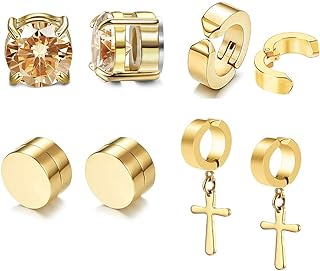 4 Pairs No Piercing Earrings,CZ Stud Earrings,Clip On Cross Dangle Earrings for Non Pierced Ears