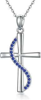 Birthstone Cross Necklace S925 Sterling Silver Cross Pendant Necklace with 5A Zirconia Religion Jewelry Christian Baptism Gifts for Women Daughter Girls Teens Her Mom Mothers Day Gifts Birthday