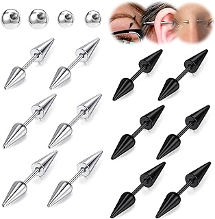 BodyAce 12pc Stainless Steel Spike Earrings Set with Black & Silver Designs for Piercing Enthusiasts with Various Shapes / Designs