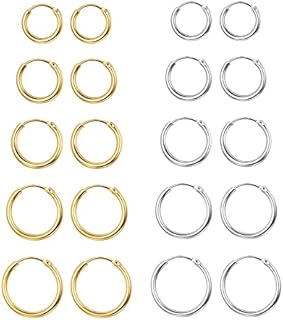 Senteria 10 Pairs Small Hoop Earrings for Women Stainless Steel Gold Silver Black Hypoallergenic Hoop Earrings Tiny Hoop Earrings Set for Men Earring Sets for Multiple Piercings 8/10/12/14/16mm