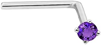 Jewelry Avalanche 22G Solid 14Kt Gold L-Shape Nose Stud with real Amethyst Gemstone, 14kt Yellow Gold or 14kt White Gold Prong Setting - February Birthstone Nose Ring