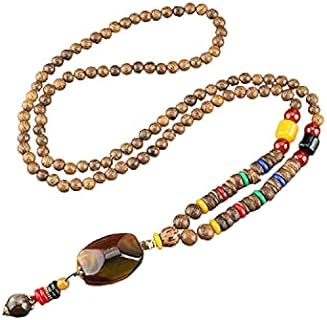 Boho Wooden Beaded Necklaces Long Pendant Beads Wood Necklaces Vintage Natural Round Wooden Beads Long Sweater Chain Strand Necklace Ethnic Long Statement Necklace