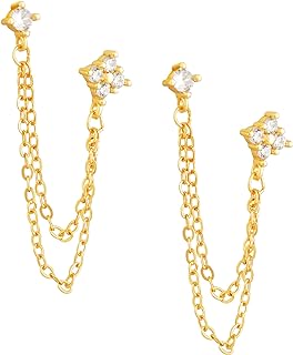 Sacina Double-Stud Tassel Chain Earrings with Cubic Zirconia for Women - Copper Earrings for Cartilage Piercing, Unique Christmas Jewelry Gift