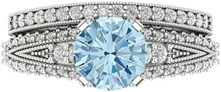 Clara Pucci 2.10ct Round cut Custom Engraving Pave Natural Sky Blue Topaz Engagement Ring Band Wedding Bridal Set 14k White Gold Size 10