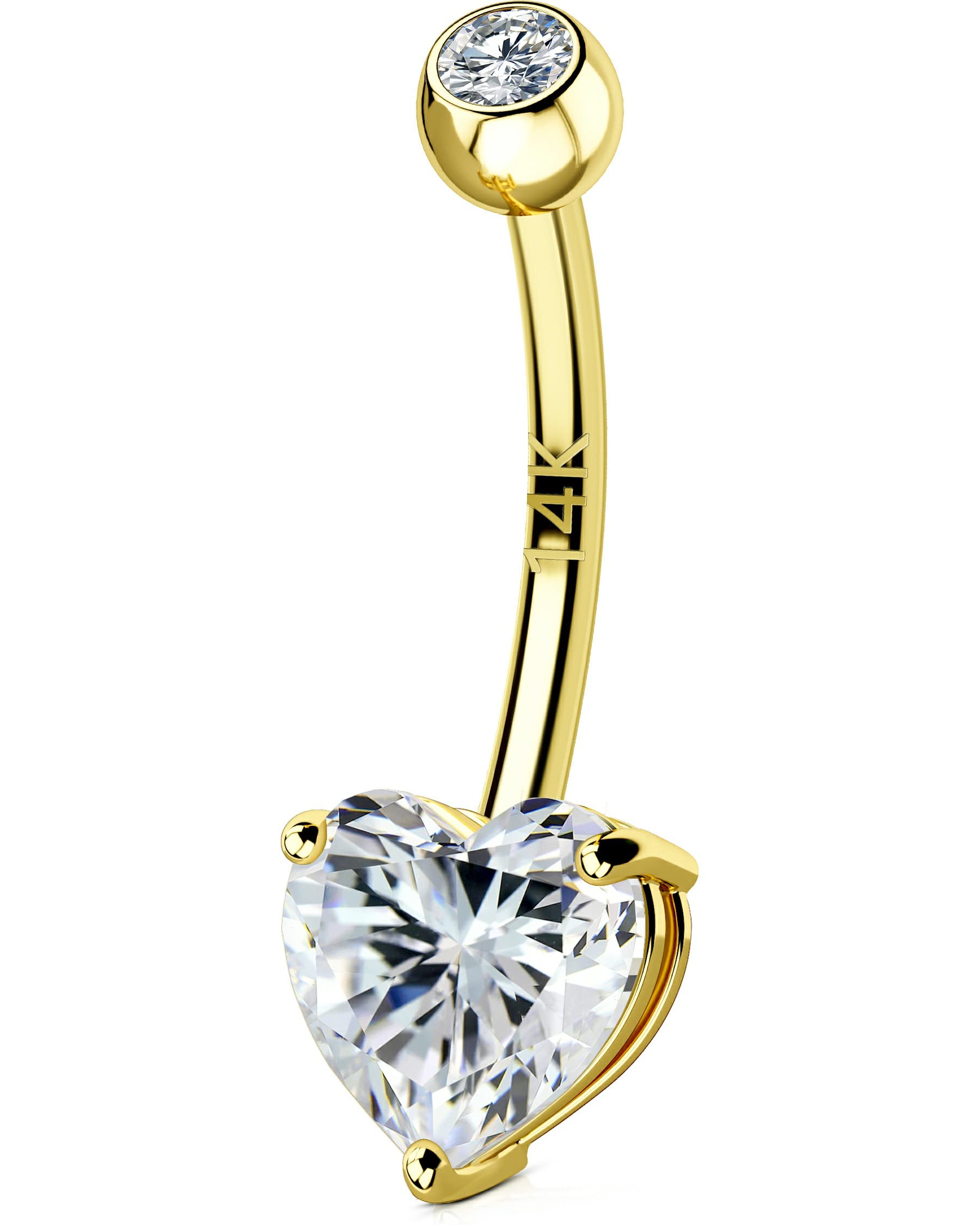OUFER Gold Belly Button Rings, 14K Solid Gold Internally Threaded Belly Rings, Heart Shaped Belly Button Piercing, Clear CZ Belly Piercing Jewelry, Navel Rings