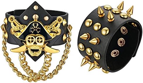 Spike Cuff Bracelet with Buckle Clasp and Rope Chain, Leather Wristband for Men and Women, Punk Rock Design