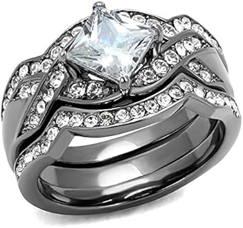 Princess Cut Cubic Zirconia & Light Black Stainless Steel Women's Wedding Ring Set, 2.2 Carat