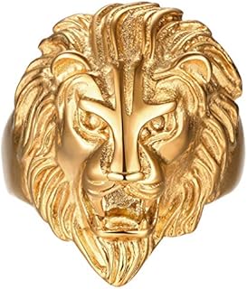 Men's Vintage 316L Stainless Steel Gold Lion Head Rings Heavy Metal Rock Punk Style Gothic Biker Ring Size 7-14